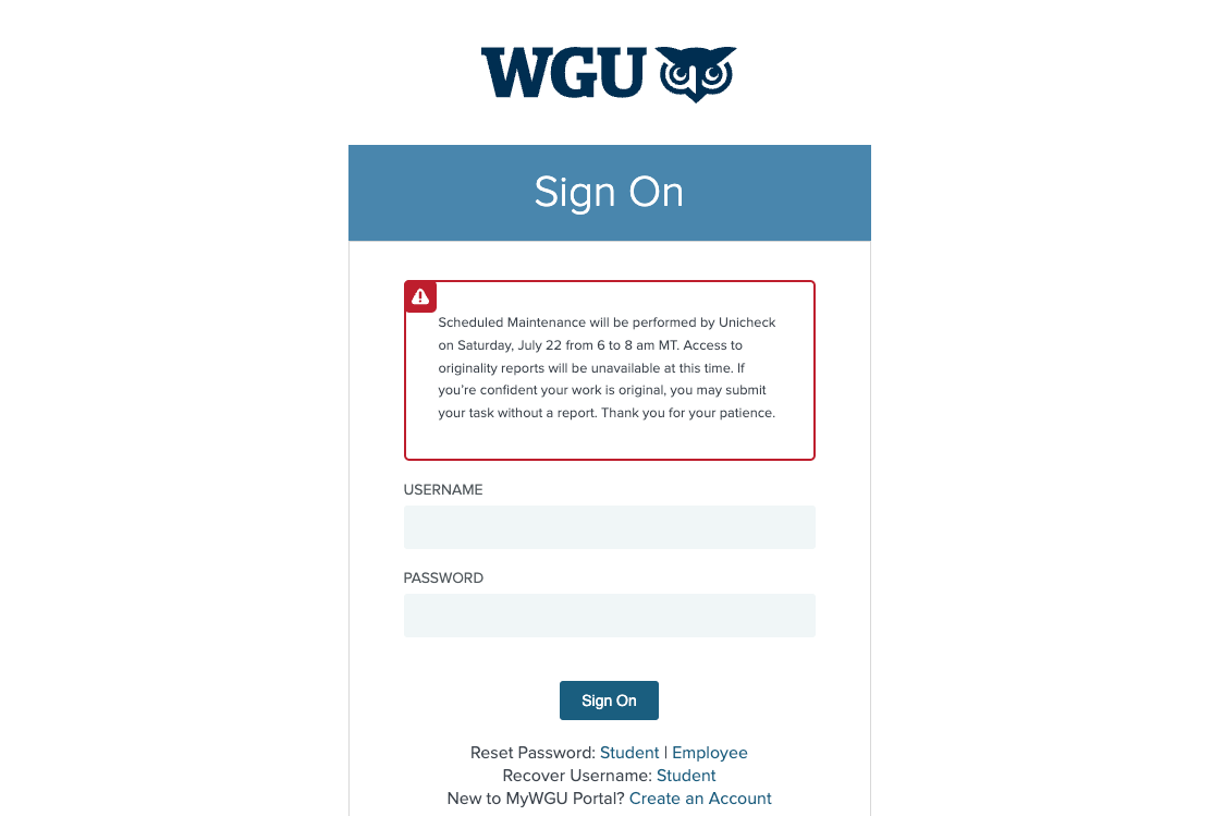 WGU Student Login Page